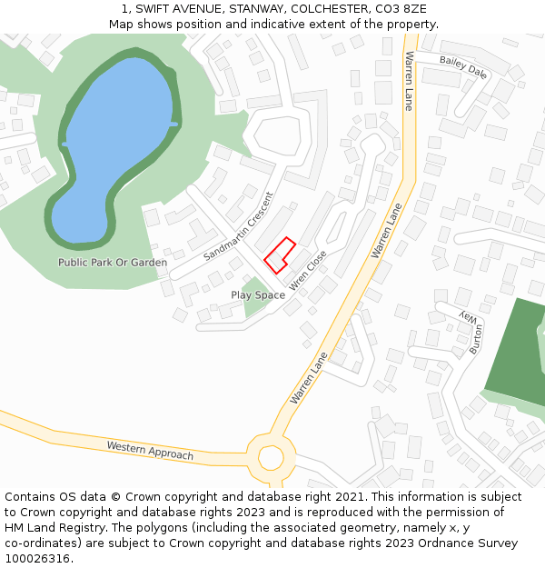 1, SWIFT AVENUE, STANWAY, COLCHESTER, CO3 8ZE: Location map and indicative extent of plot