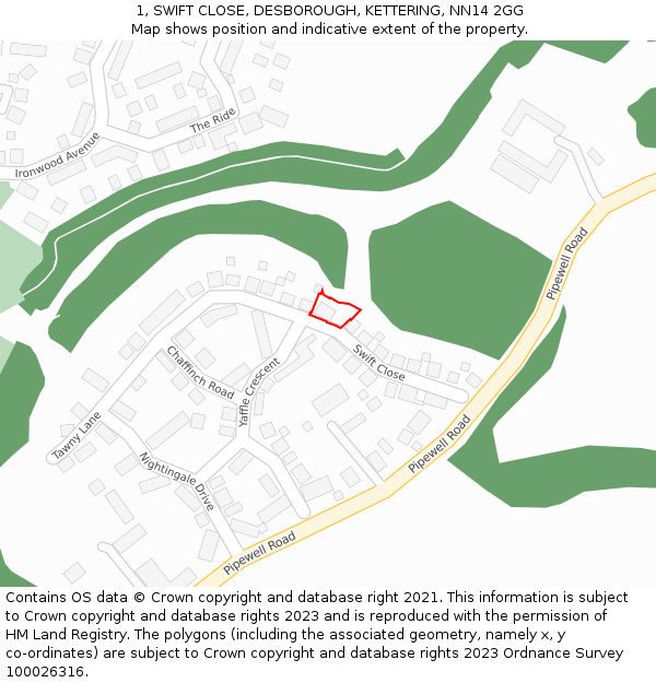 1, SWIFT CLOSE, DESBOROUGH, KETTERING, NN14 2GG: Location map and indicative extent of plot