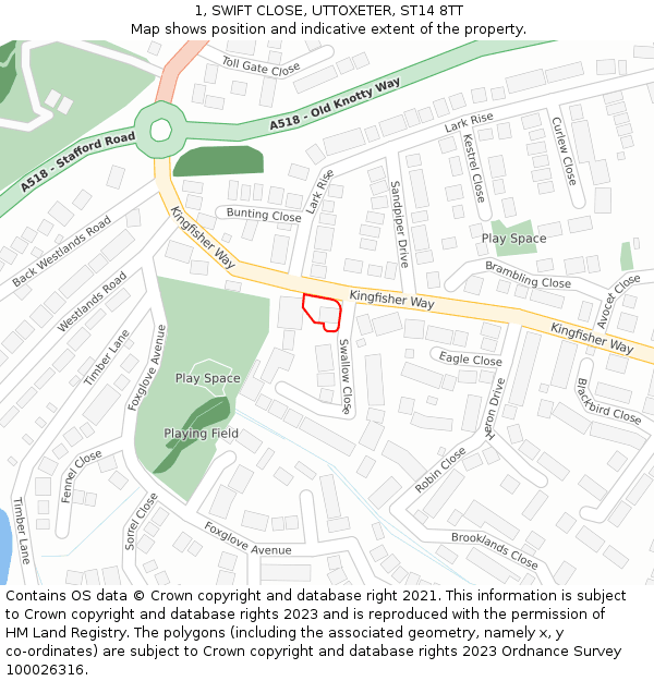 1, SWIFT CLOSE, UTTOXETER, ST14 8TT: Location map and indicative extent of plot
