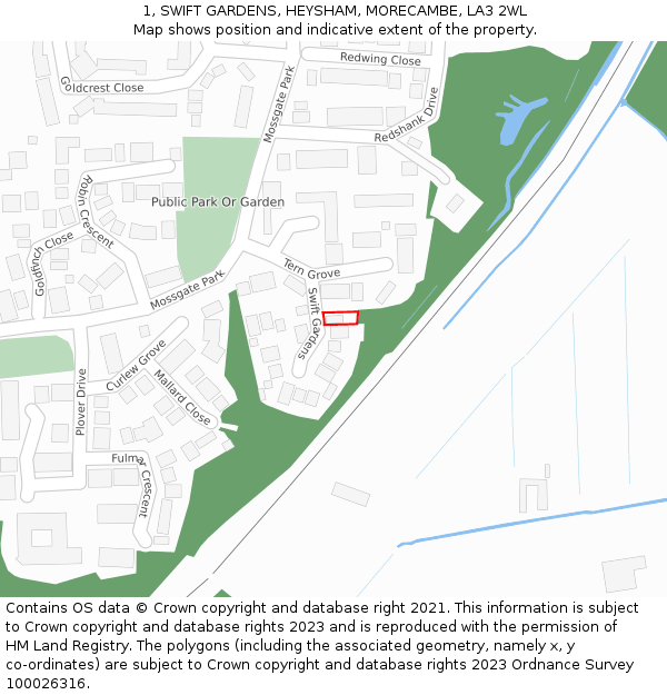 1, SWIFT GARDENS, HEYSHAM, MORECAMBE, LA3 2WL: Location map and indicative extent of plot