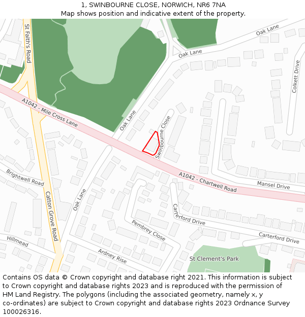 1, SWINBOURNE CLOSE, NORWICH, NR6 7NA: Location map and indicative extent of plot