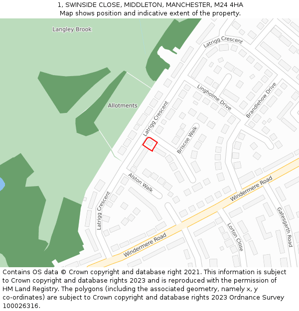 1, SWINSIDE CLOSE, MIDDLETON, MANCHESTER, M24 4HA: Location map and indicative extent of plot