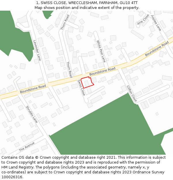 1, SWISS CLOSE, WRECCLESHAM, FARNHAM, GU10 4TT: Location map and indicative extent of plot