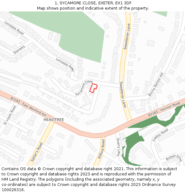 1, SYCAMORE CLOSE, EXETER, EX1 3DF: Location map and indicative extent of plot