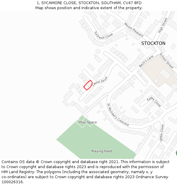 1, SYCAMORE CLOSE, STOCKTON, SOUTHAM, CV47 8FD: Location map and indicative extent of plot