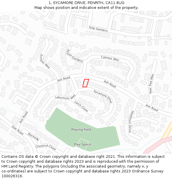 1, SYCAMORE DRIVE, PENRITH, CA11 8UG: Location map and indicative extent of plot