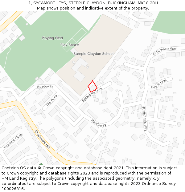 1, SYCAMORE LEYS, STEEPLE CLAYDON, BUCKINGHAM, MK18 2RH: Location map and indicative extent of plot