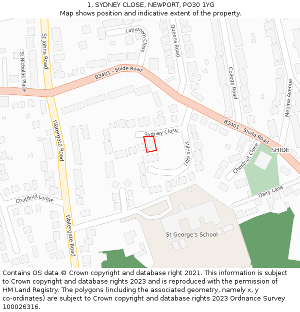 1, SYDNEY CLOSE, NEWPORT, PO30 1YG: Location map and indicative extent of plot