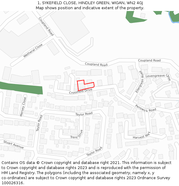 1, SYKEFIELD CLOSE, HINDLEY GREEN, WIGAN, WN2 4GJ: Location map and indicative extent of plot