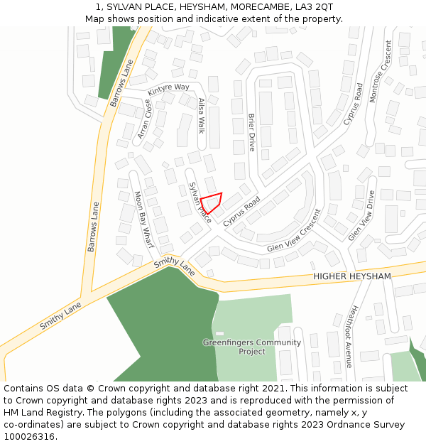 1, SYLVAN PLACE, HEYSHAM, MORECAMBE, LA3 2QT: Location map and indicative extent of plot