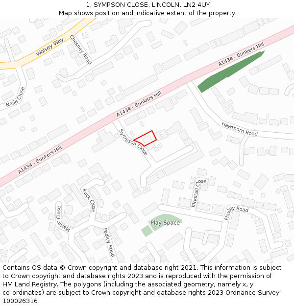 1, SYMPSON CLOSE, LINCOLN, LN2 4UY: Location map and indicative extent of plot