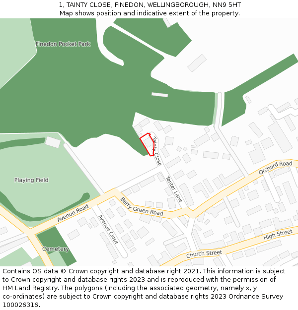 1, TAINTY CLOSE, FINEDON, WELLINGBOROUGH, NN9 5HT: Location map and indicative extent of plot