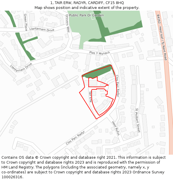 1, TAIR ERW, RADYR, CARDIFF, CF15 8HQ: Location map and indicative extent of plot