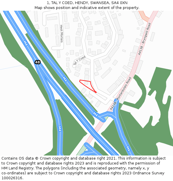 1, TAL Y COED, HENDY, SWANSEA, SA4 0XN: Location map and indicative extent of plot