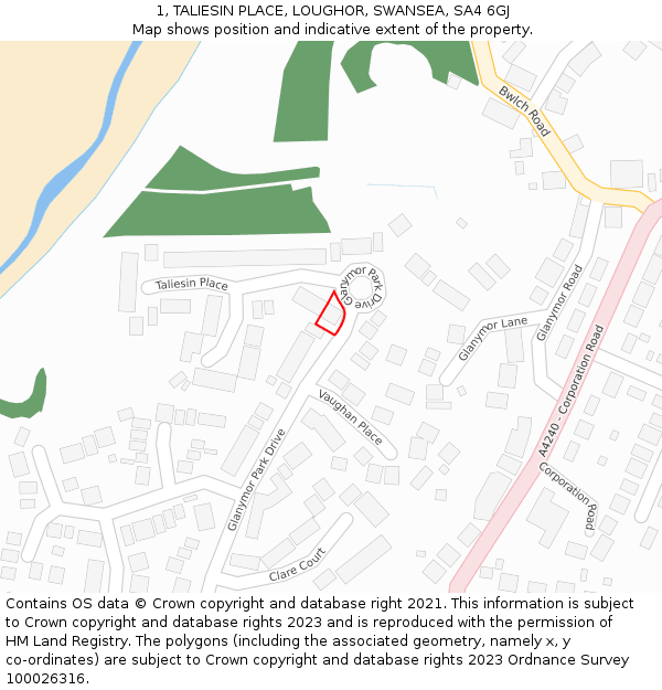 1, TALIESIN PLACE, LOUGHOR, SWANSEA, SA4 6GJ: Location map and indicative extent of plot