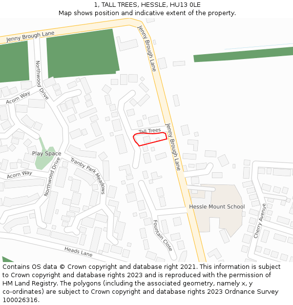1, TALL TREES, HESSLE, HU13 0LE: Location map and indicative extent of plot