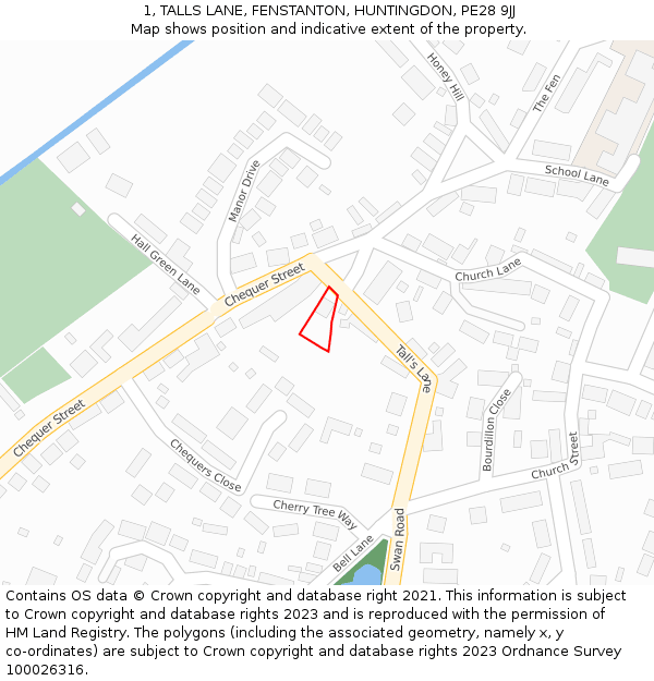 1, TALLS LANE, FENSTANTON, HUNTINGDON, PE28 9JJ: Location map and indicative extent of plot