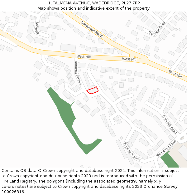 1, TALMENA AVENUE, WADEBRIDGE, PL27 7RP: Location map and indicative extent of plot