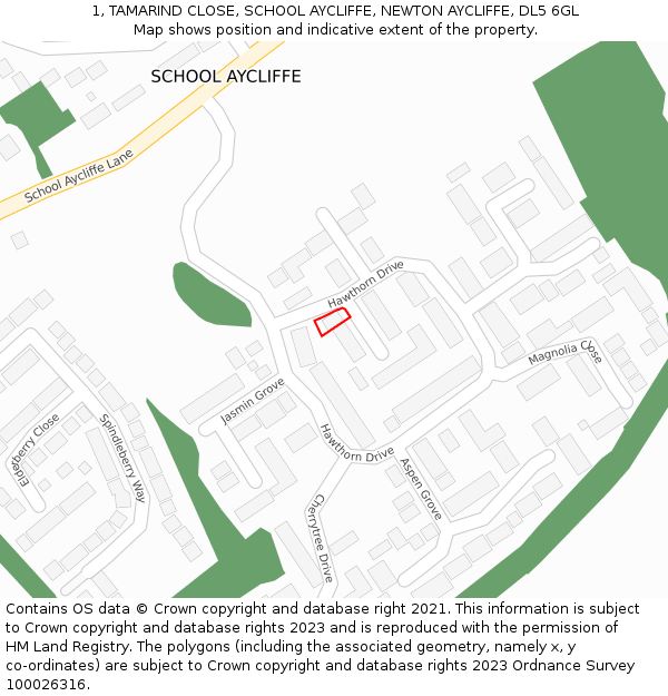 1, TAMARIND CLOSE, SCHOOL AYCLIFFE, NEWTON AYCLIFFE, DL5 6GL: Location map and indicative extent of plot