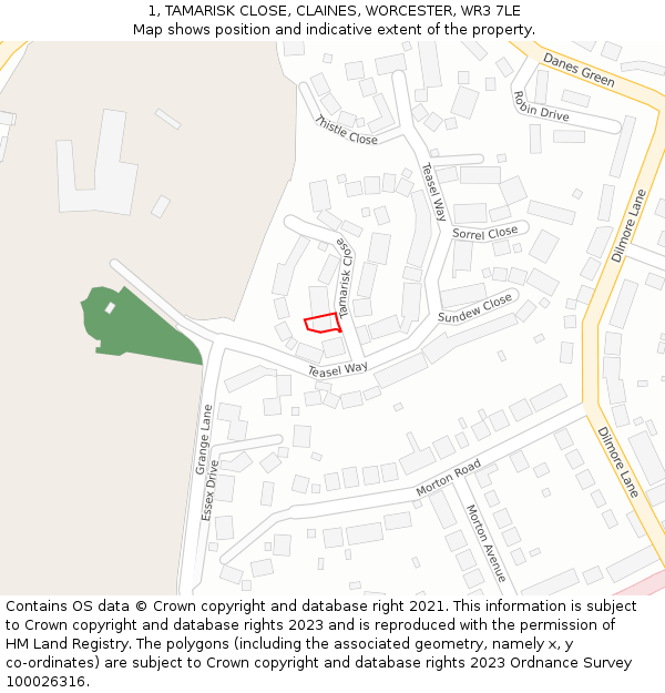 1, TAMARISK CLOSE, CLAINES, WORCESTER, WR3 7LE: Location map and indicative extent of plot