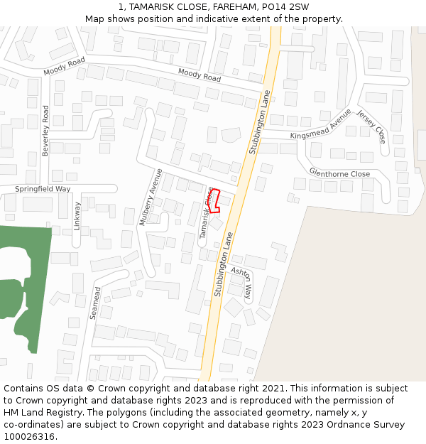 1, TAMARISK CLOSE, FAREHAM, PO14 2SW: Location map and indicative extent of plot