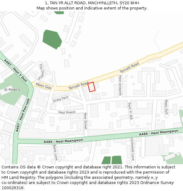 1, TAN YR ALLT ROAD, MACHYNLLETH, SY20 8HH: Location map and indicative extent of plot
