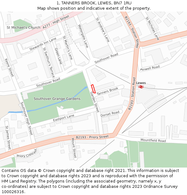 1, TANNERS BROOK, LEWES, BN7 1RU: Location map and indicative extent of plot