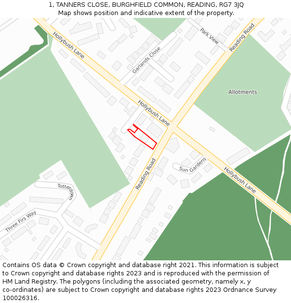 1, TANNERS CLOSE, BURGHFIELD COMMON, READING, RG7 3JQ: Location map and indicative extent of plot