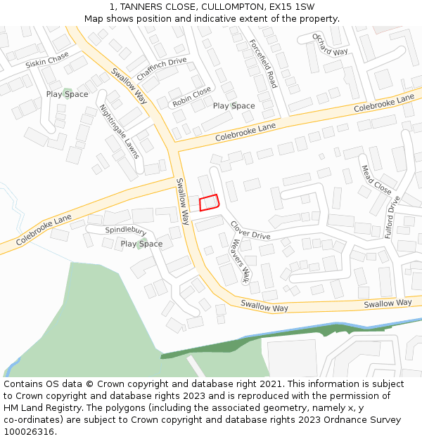1, TANNERS CLOSE, CULLOMPTON, EX15 1SW: Location map and indicative extent of plot