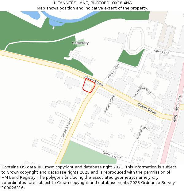 1, TANNERS LANE, BURFORD, OX18 4NA: Location map and indicative extent of plot