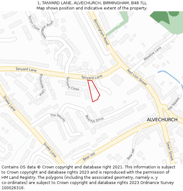 1, TANYARD LANE, ALVECHURCH, BIRMINGHAM, B48 7LL: Location map and indicative extent of plot