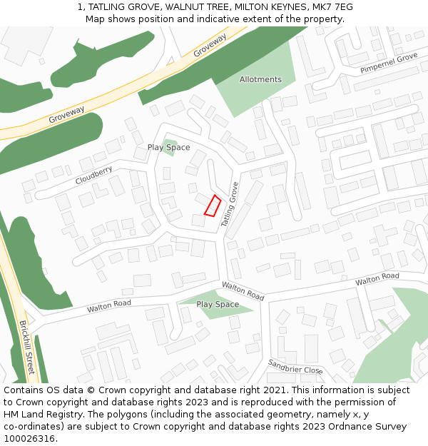 1, TATLING GROVE, WALNUT TREE, MILTON KEYNES, MK7 7EG: Location map and indicative extent of plot