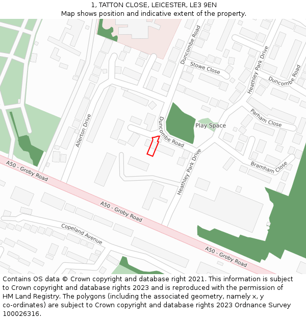 1, TATTON CLOSE, LEICESTER, LE3 9EN: Location map and indicative extent of plot