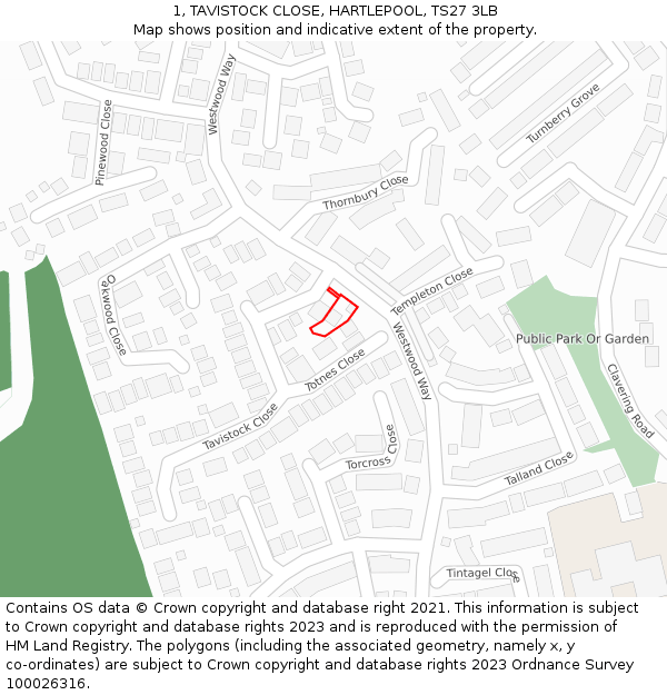 1, TAVISTOCK CLOSE, HARTLEPOOL, TS27 3LB: Location map and indicative extent of plot