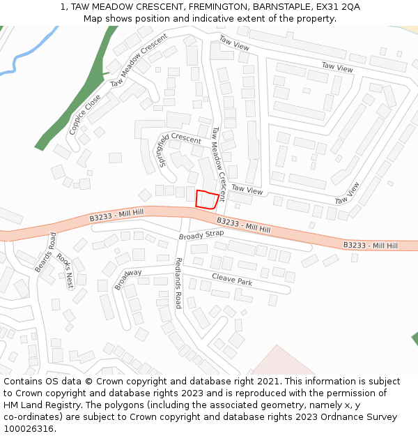 1, TAW MEADOW CRESCENT, FREMINGTON, BARNSTAPLE, EX31 2QA: Location map and indicative extent of plot