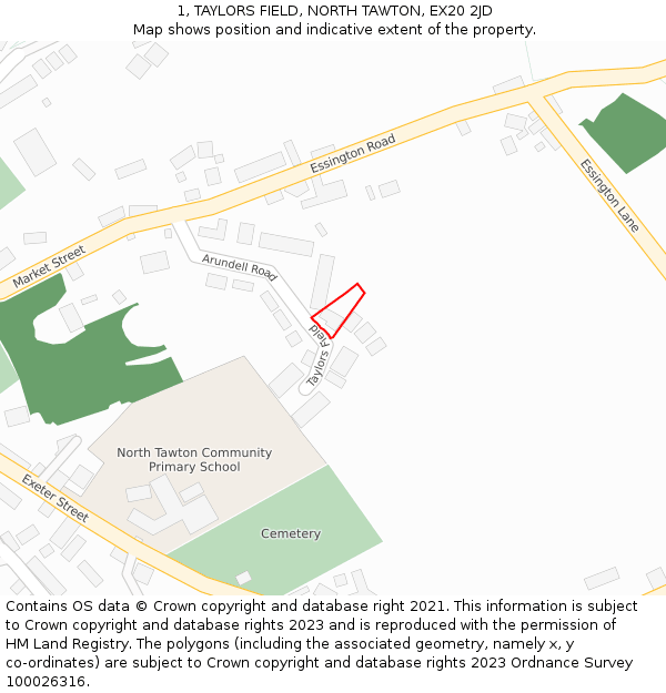 1, TAYLORS FIELD, NORTH TAWTON, EX20 2JD: Location map and indicative extent of plot