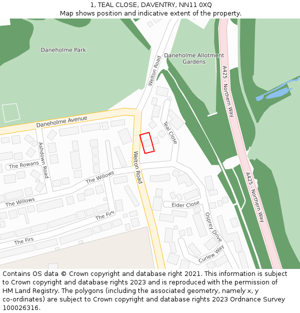 1, TEAL CLOSE, DAVENTRY, NN11 0XQ: Location map and indicative extent of plot