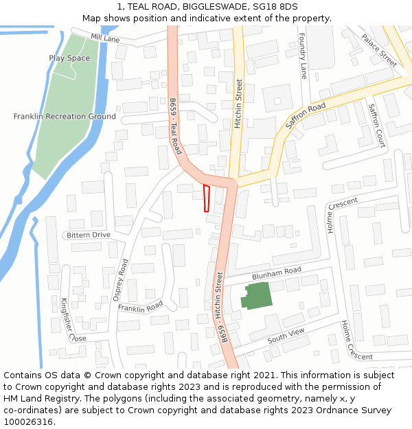 1, TEAL ROAD, BIGGLESWADE, SG18 8DS: Location map and indicative extent of plot