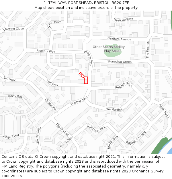 1, TEAL WAY, PORTISHEAD, BRISTOL, BS20 7EF: Location map and indicative extent of plot