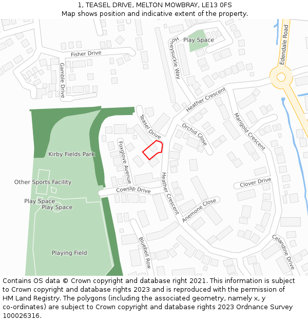 1, TEASEL DRIVE, MELTON MOWBRAY, LE13 0FS: Location map and indicative extent of plot