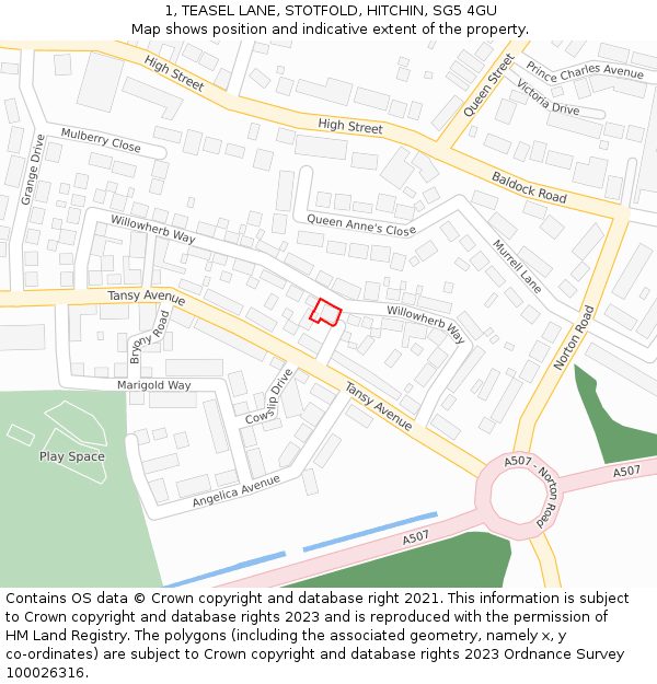 1, TEASEL LANE, STOTFOLD, HITCHIN, SG5 4GU: Location map and indicative extent of plot