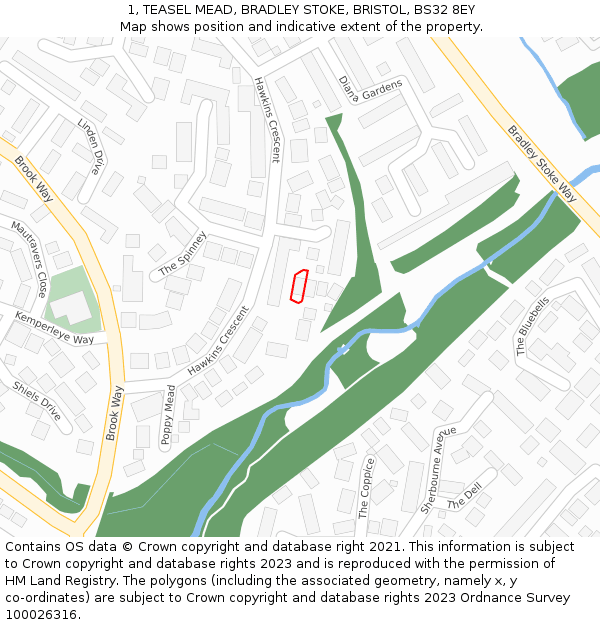 1, TEASEL MEAD, BRADLEY STOKE, BRISTOL, BS32 8EY: Location map and indicative extent of plot