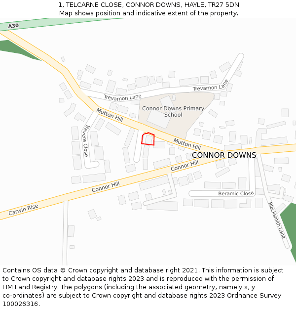 1, TELCARNE CLOSE, CONNOR DOWNS, HAYLE, TR27 5DN: Location map and indicative extent of plot