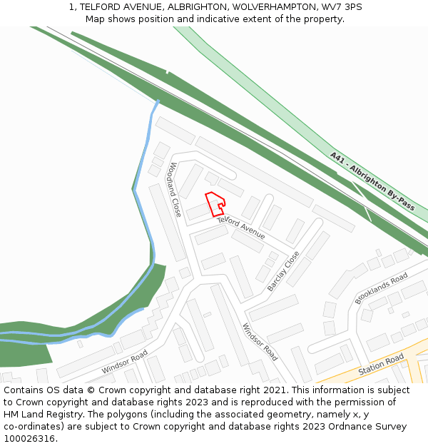 1, TELFORD AVENUE, ALBRIGHTON, WOLVERHAMPTON, WV7 3PS: Location map and indicative extent of plot