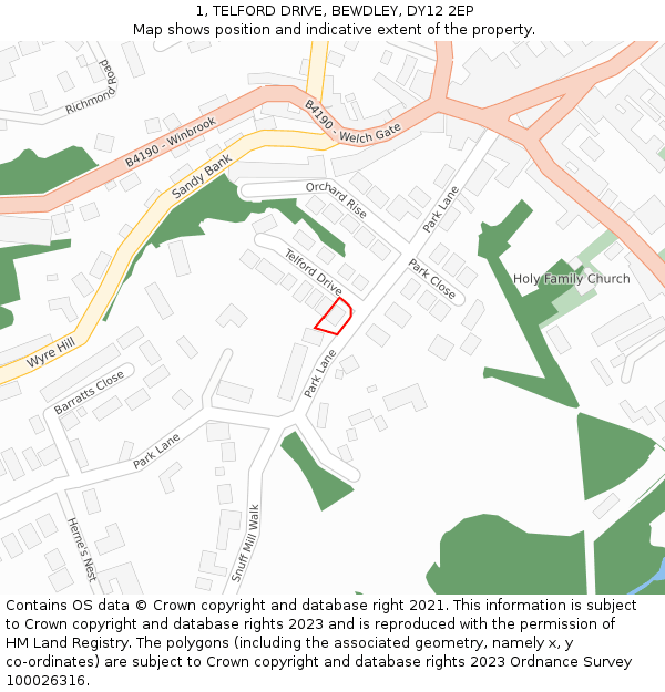 1, TELFORD DRIVE, BEWDLEY, DY12 2EP: Location map and indicative extent of plot