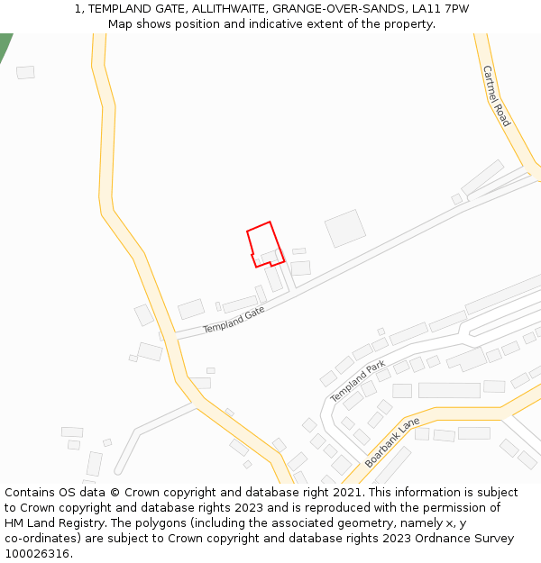 1, TEMPLAND GATE, ALLITHWAITE, GRANGE-OVER-SANDS, LA11 7PW: Location map and indicative extent of plot