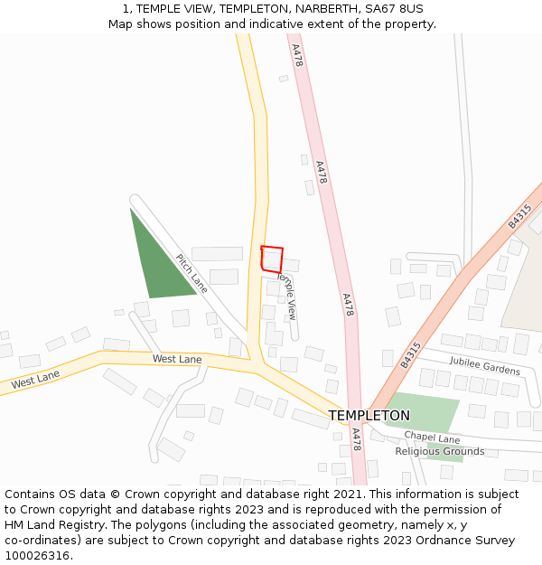 1, TEMPLE VIEW, TEMPLETON, NARBERTH, SA67 8US: Location map and indicative extent of plot