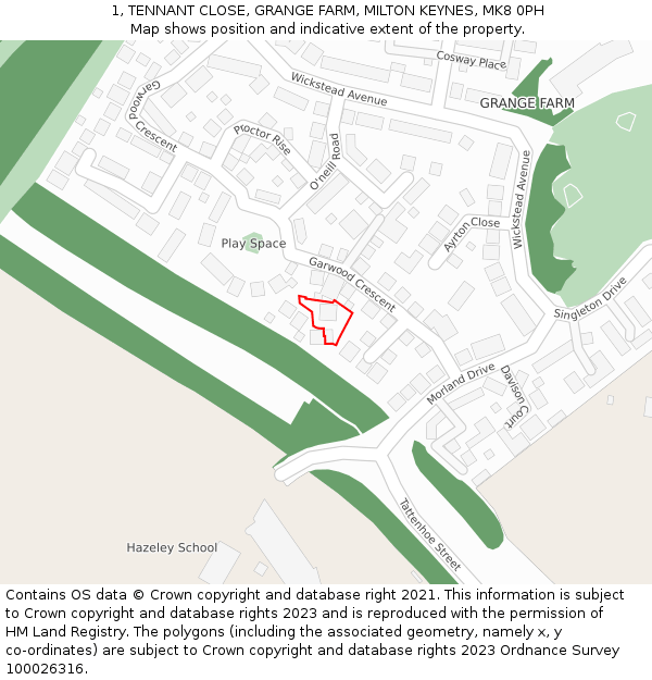 1, TENNANT CLOSE, GRANGE FARM, MILTON KEYNES, MK8 0PH: Location map and indicative extent of plot