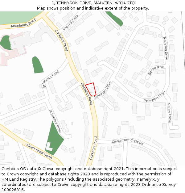 1, TENNYSON DRIVE, MALVERN, WR14 2TQ: Location map and indicative extent of plot