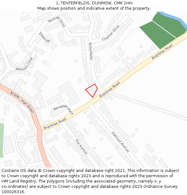 1, TENTERFIELDS, DUNMOW, CM6 1HH: Location map and indicative extent of plot